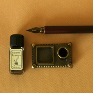 a pen, ink bottle, and a miniature camera on a table